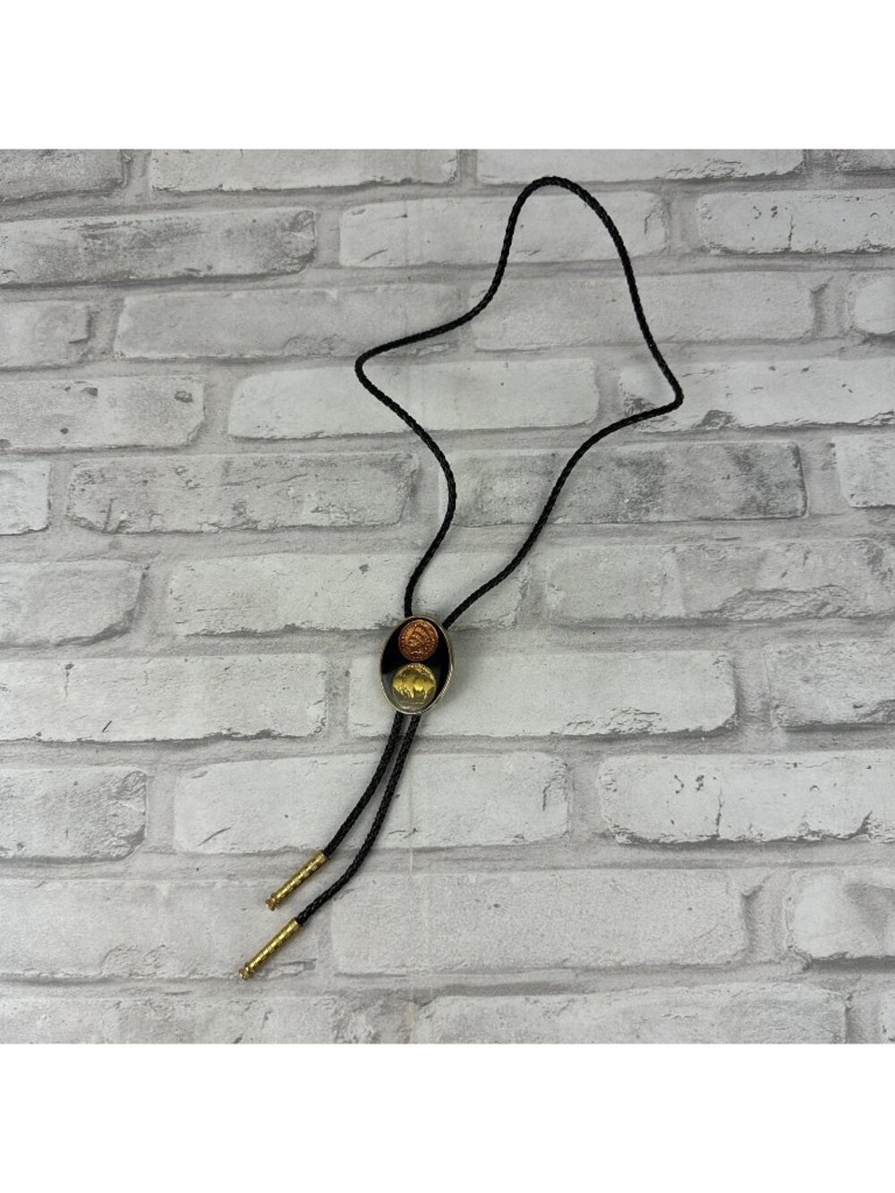 Bolo Tie Blk/Gold Color Buffalo Nickel Indian Head Coins In Resin Vintage